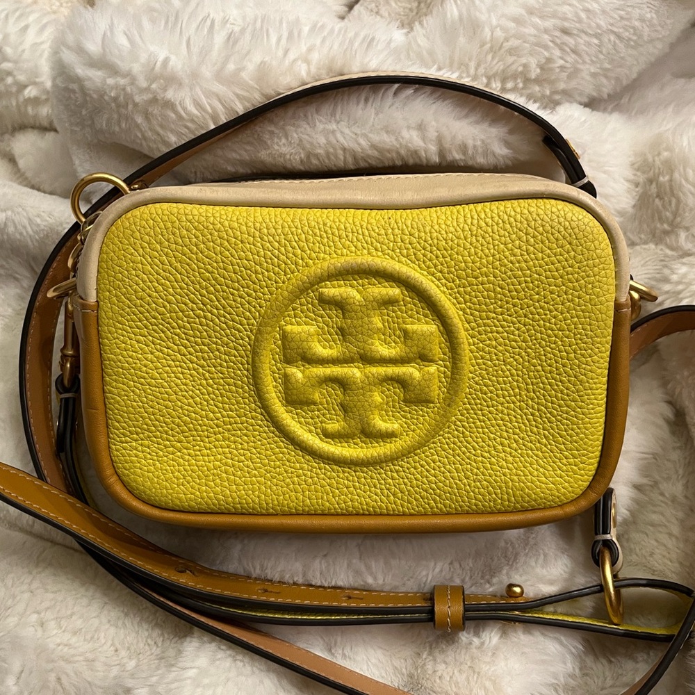 Tory Burch Perry Bombe Mini Camera Bag Crossover Yellow Gold Tan Ivory Threetone